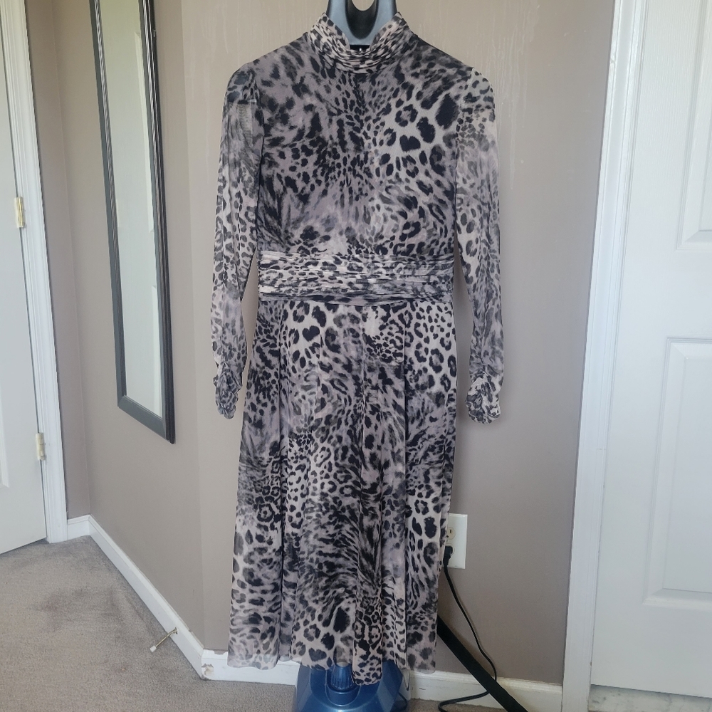 Eliza J Taupe and Black Leopard Print Long-Sleeve Midi Dress